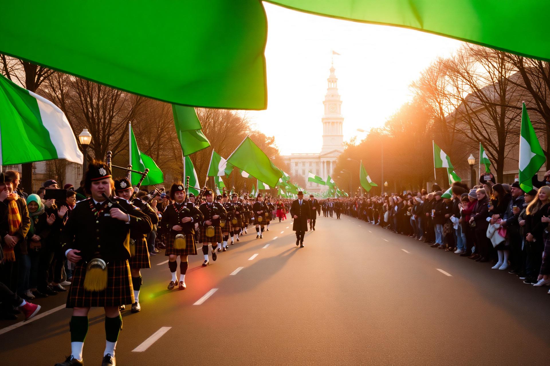 Bagpipers march down Benjamin Franklin Parkway during the Philadelphia St Patrick's Day Parade with City Hall in the distance