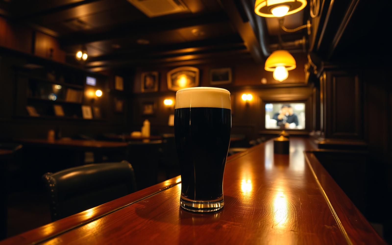A perfectly poured pint of Guinness rests on the polished wooden bar of a dimly lit Philadelphia Irish pub